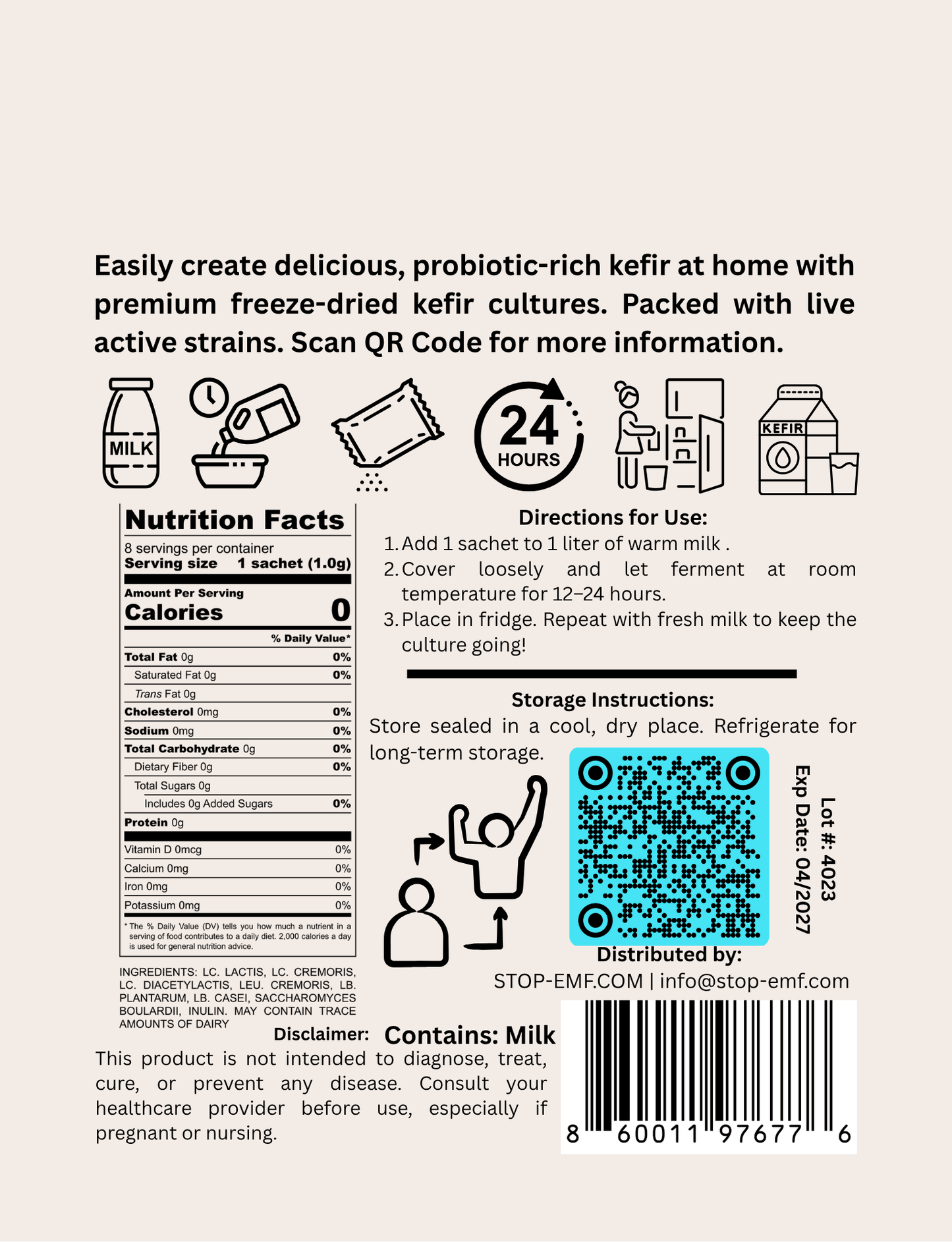 Try a FREE SAMPLE of KEFIR Starter Culture - 2g packet up to 1 month of Fresh Homemade Kefir