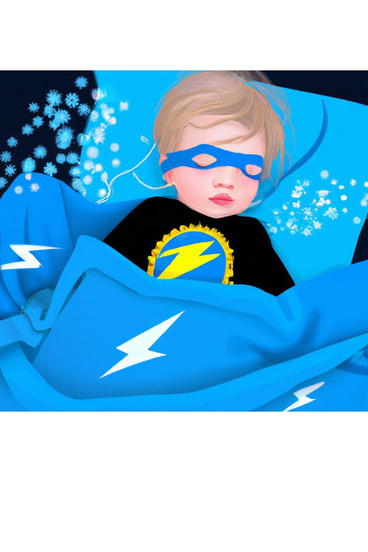 Superhero baby sleeping in EMF blocking baby blanket